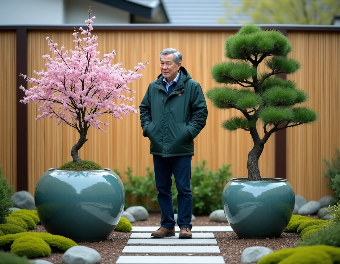 Comparaison entre cerisier japonais en pot céramique et cèdre nain en pleine terre dans un jardin japonais printanier