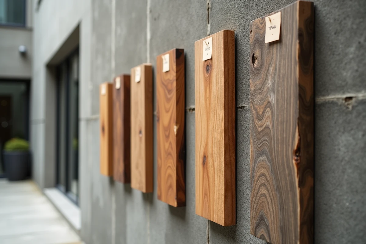 Comparaison de quatre essences de bois résistantes pour la sculpture extérieure — teck, chêne, iroko et mélèze — exposées sur un mur en béton avec des étiquettes manuscrites