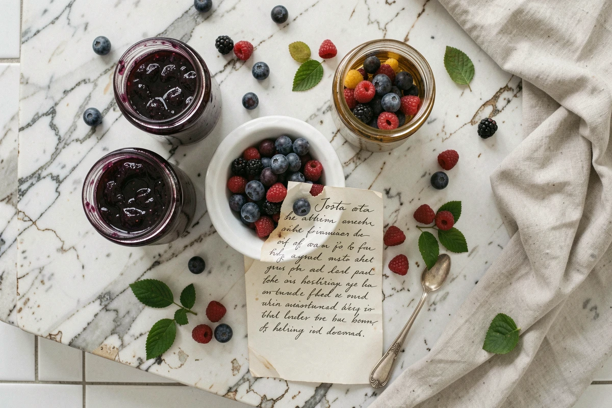 Flat lay de pots de confiture de Josta faite maison avec recette artisanale sur marbre blanc