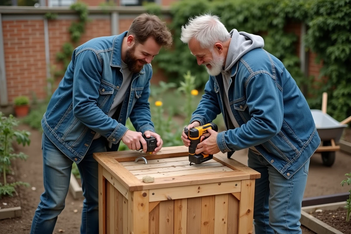 Deux hommes construisant un bac à compost en bois récupéré dans un jardin communautaire avec des plants de tomates en arrière-plan