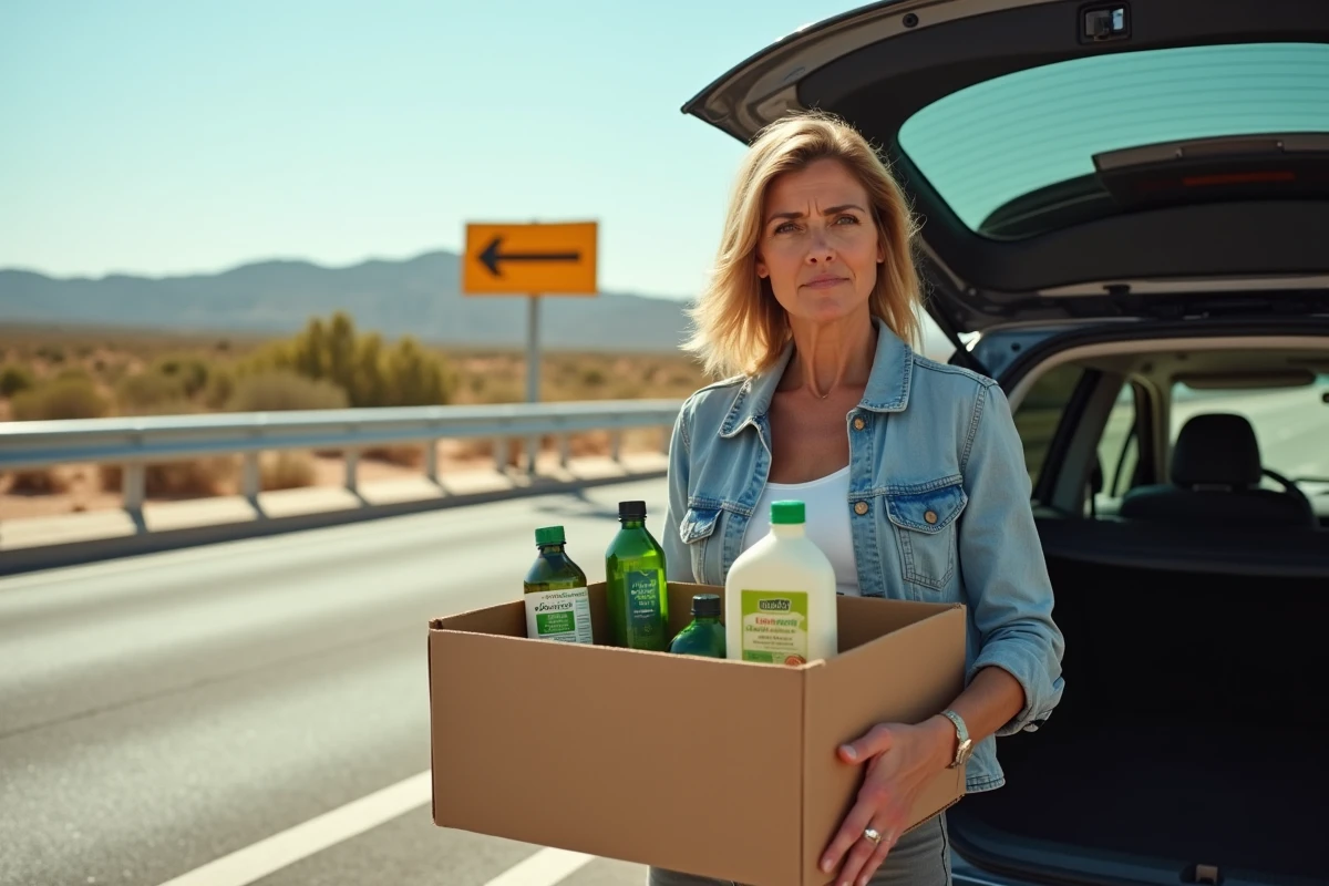 Femme au coffre ouvert de sa voiture avec des produits herbicides lors d'un contrôle frontière en Espagne