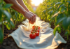 Jardinier couvrant délicatement des plants de tomates avec un voile blanc