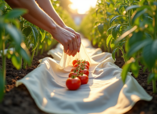 Couvrir plants tomates : les meilleures techniques pour protéger vos cultures! Jardinier couvrant délicatement des plants de tomates avec un voile blanc