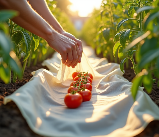 Jardinier couvrant délicatement des plants de tomates avec un voile blanc