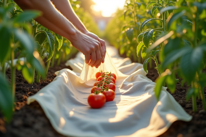 Jardinier couvrant délicatement des plants de tomates avec un voile blanc