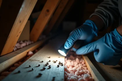Crotte de loir sur une poutre en bois dans un grenier sombre, inspection avec une lampe torche et des gants de protection