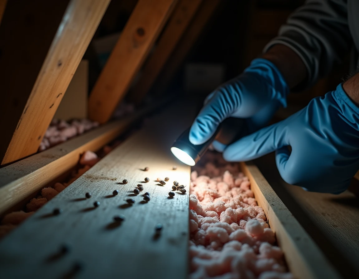 Crotte de loir sur une poutre en bois dans un grenier sombre, inspection avec une lampe torche et des gants de protection