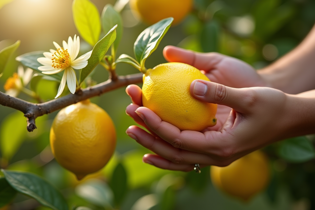 Main cueillant un citron lumineux sur une branche en plein matin