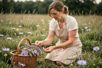 Femme cueillant des fleurs sauvages mauves dans un pré pour constituer un herbier maison