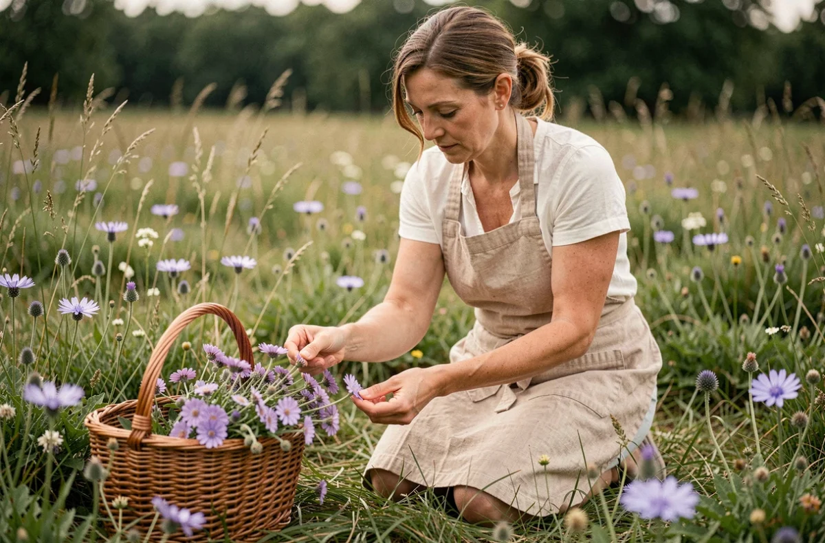 Femme cueillant des fleurs sauvages mauves dans un pré pour constituer un herbier maison