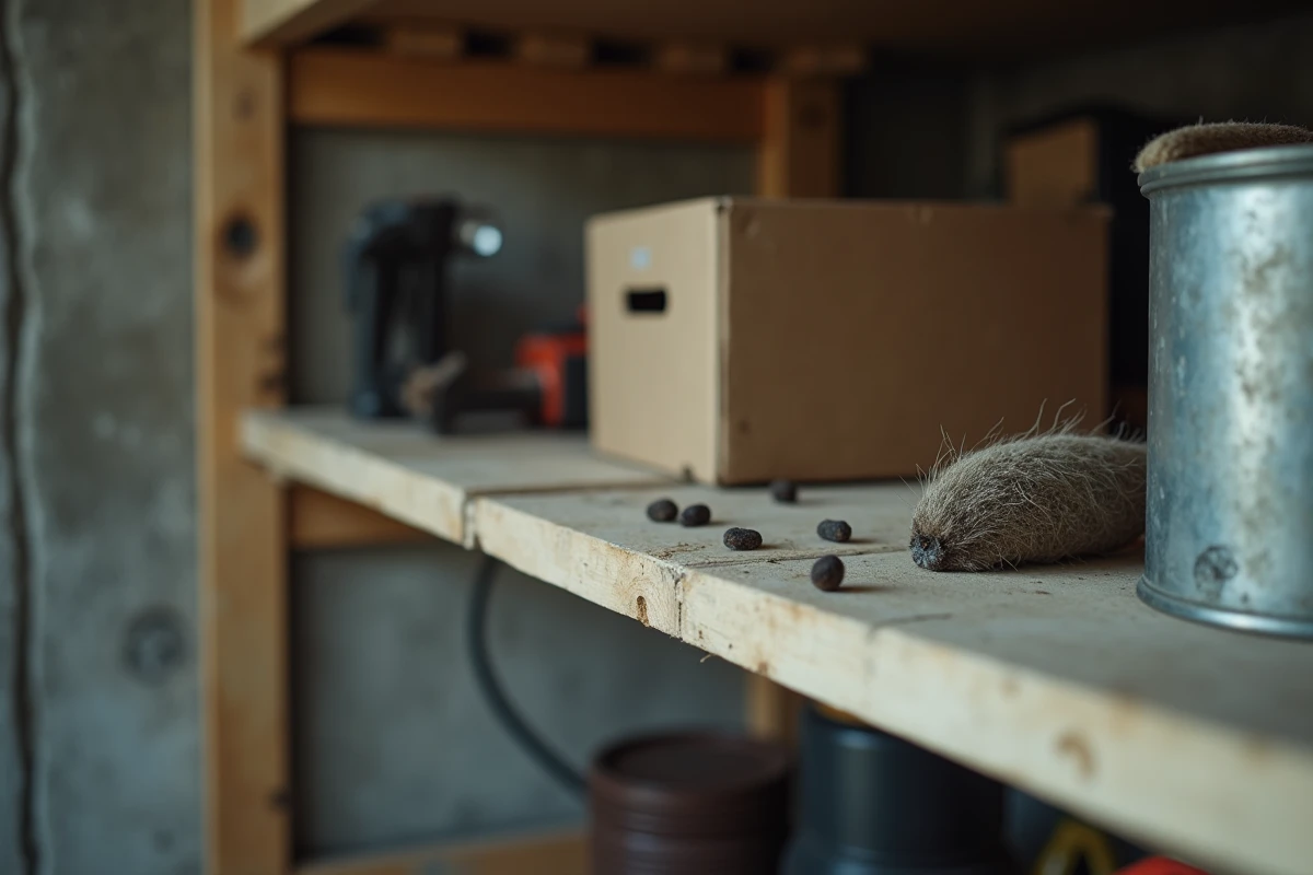 Déjections de loir visibles sur une étagère de garage, signe d'une infestation rongeur dans un espace de stockage