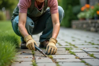 Femme qui désherbe les joints en sable d'un pavé autobloquant avec un outil de désherbage manuel dans une allée résidentielle
