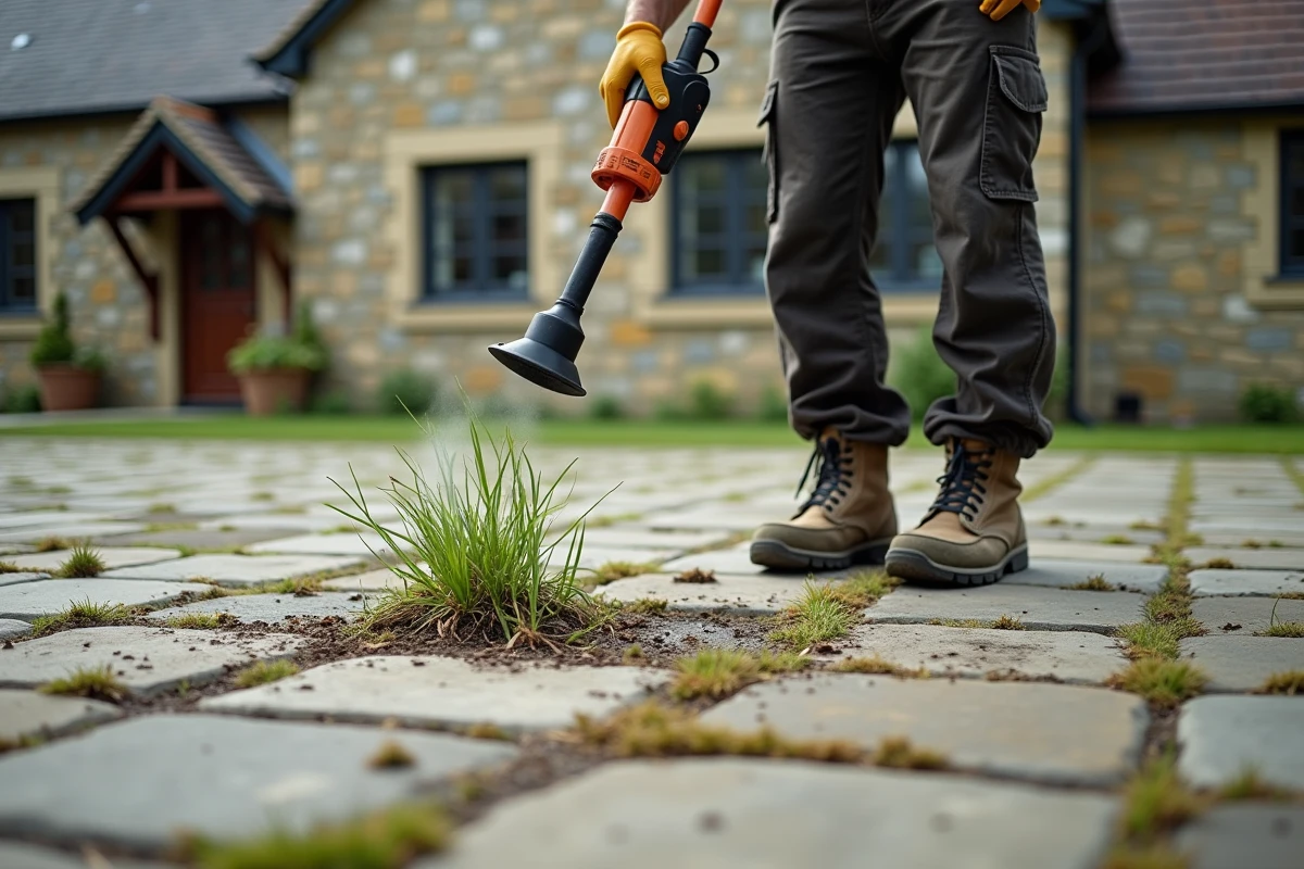 Homme utilisant un désherbeur thermique sur un pavé autobloquant pour éliminer les mauvaises herbes sans abîmer les joints