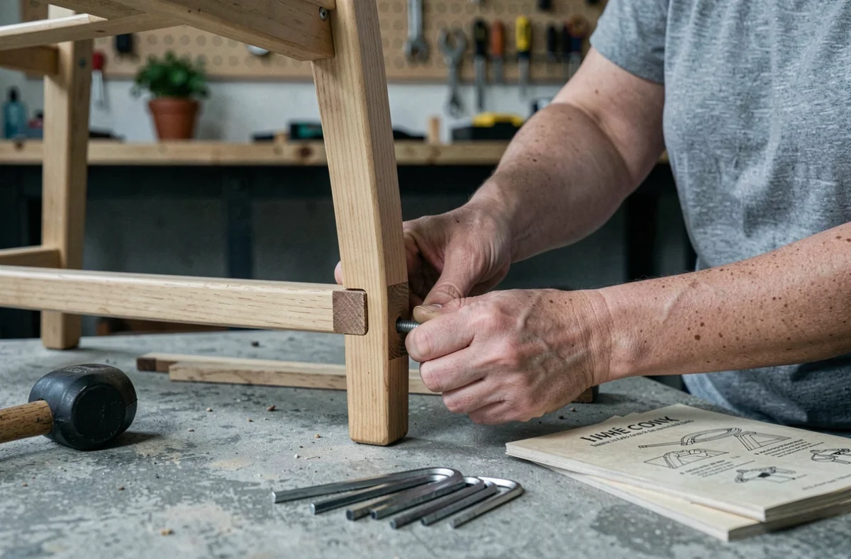 Gros plan sur des mains de femme vissant un assemblage en bois lors du montage d'un fauteuil de jardin en kit