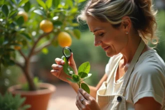 Femme inspectant les feuilles d'un citronnier bio en pot sur une terrasse pour détecter des cochenilles