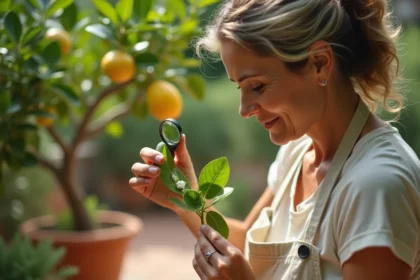 Femme inspectant les feuilles d'un citronnier bio en pot sur une terrasse pour détecter des cochenilles
