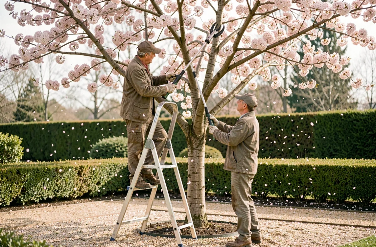 Deux jardiniers élagant un cerisier ornemental avec un élagueur électrique à long manche Black et Decker au printemps