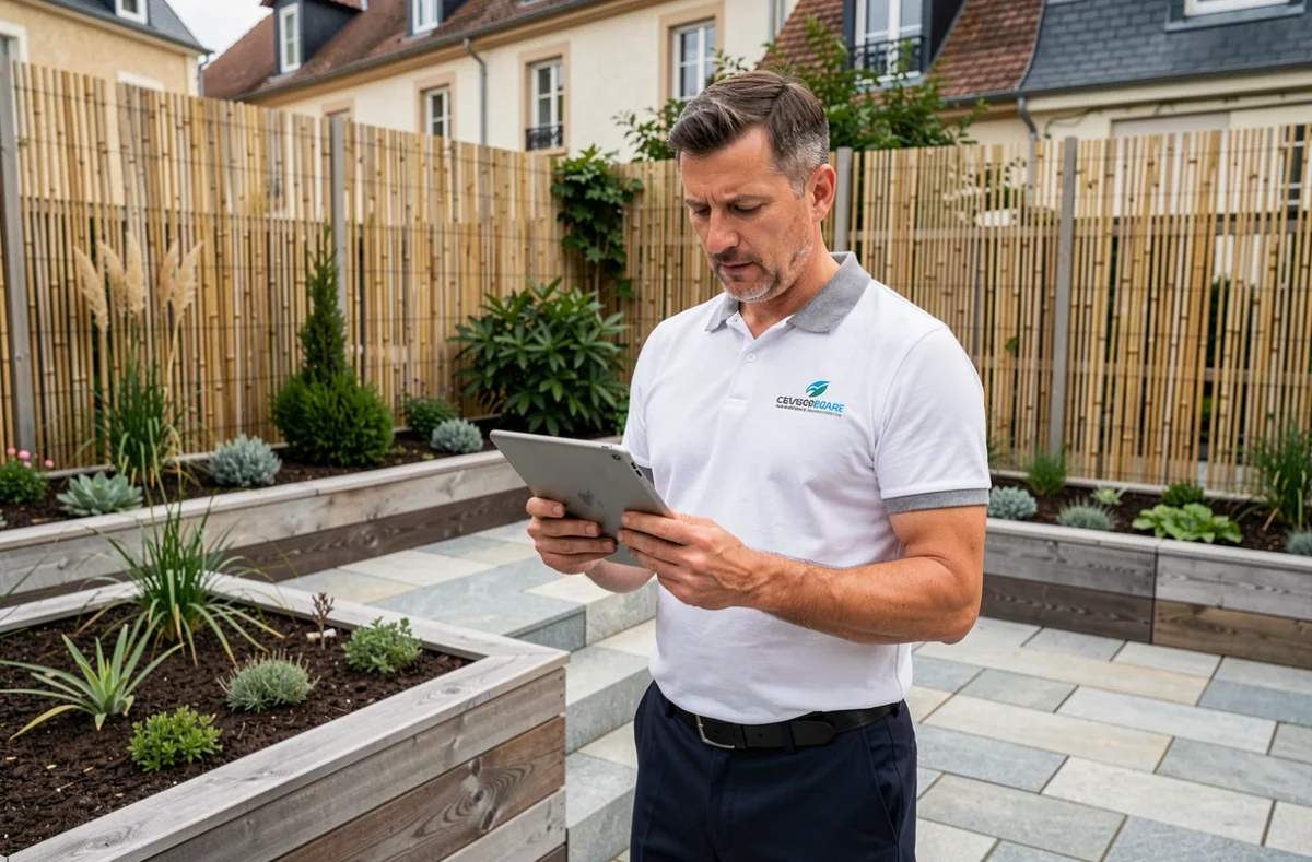 Professionnel de Dijon Home Service consultant une tablette dans un jardin urbain contemporain à Dijon