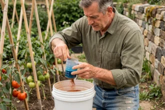 Jardinier dosant la bouillie bordelaise en poudre bleue dans un verre gradué pour traitement au jardin potager