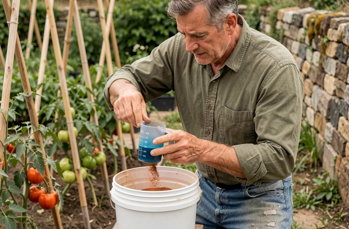 Jardinier dosant la bouillie bordelaise en poudre bleue dans un verre gradué pour traitement au jardin potager