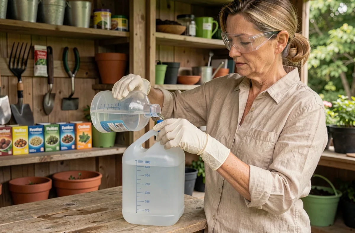 Femme mesurant avec précision le dosage de glyphosate à verser dans un pulvérisateur de 5 litres dans un abri de jardin