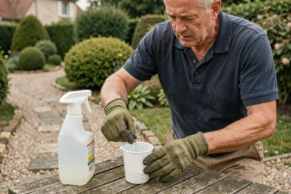 Homme mesurant le dosage de Roundup dans un verre gradué pour préparer 1 litre de solution herbicide dans son jardin