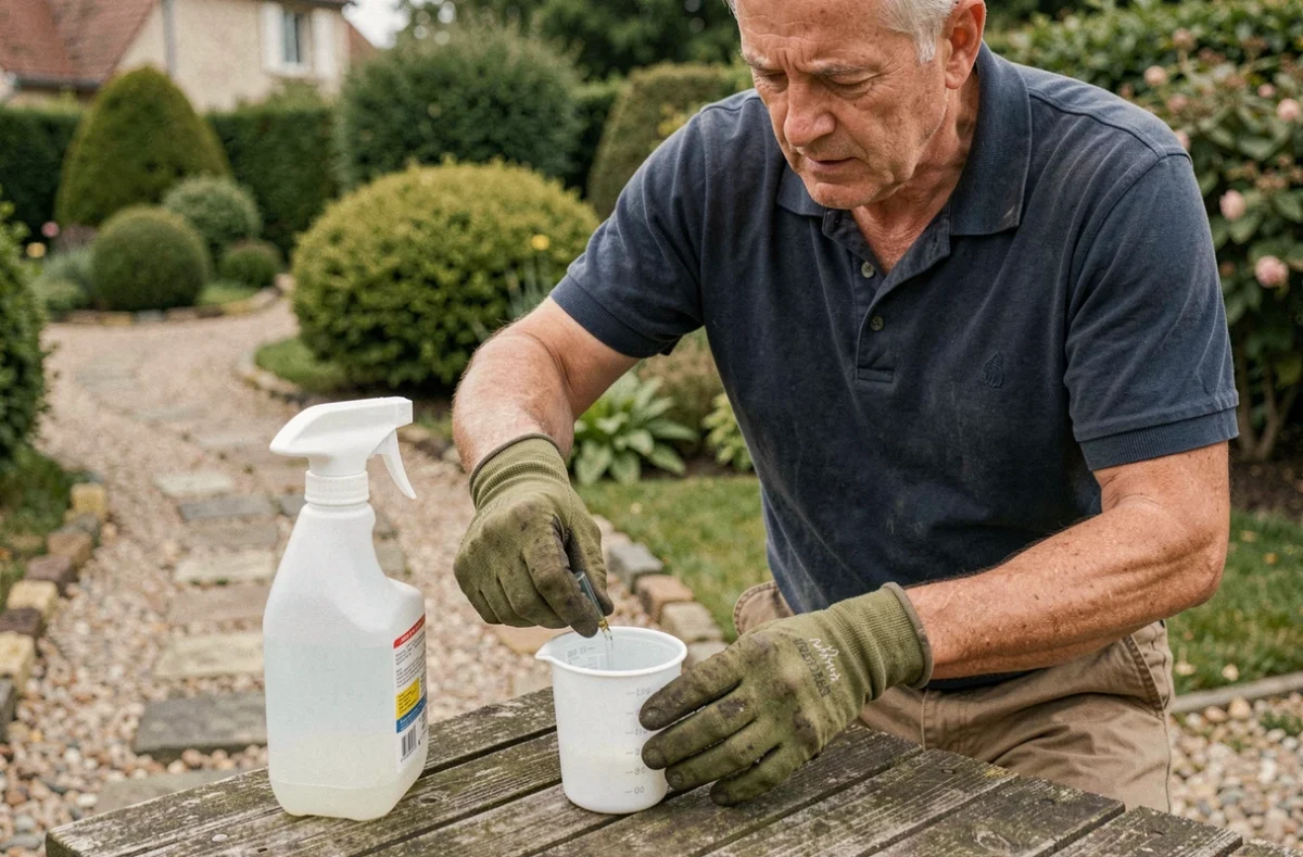Homme mesurant le dosage de Roundup dans un verre gradué pour préparer 1 litre de solution herbicide dans son jardin