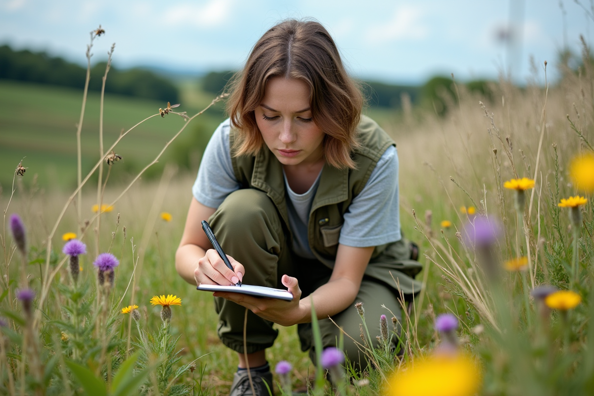 Jeune écologiste observant des insectes dans un pré