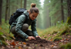 Ecologiste femme examinant la terre dans la forêt