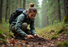Ecologiste femme examinant la terre dans la forêt