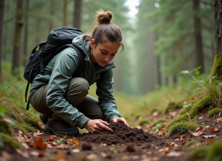Climat, végétation, sol : comprendre leur lien en environnement Ecologiste femme examinant la terre dans la forêt