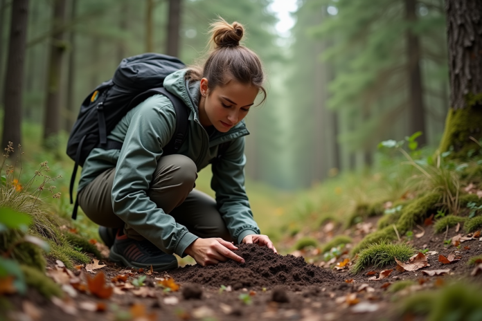 Ecologiste femme examinant la terre dans la forêt