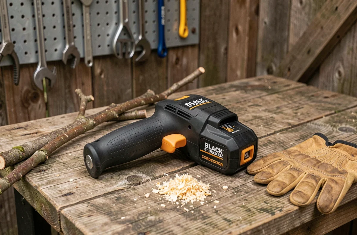 Élagueur sans fil Black et Decker posé sur un établi en bois avec des branches coupées et des gants de jardinage