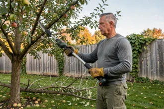 Homme utilisant un élagueur perche Black et Decker sans fil sur un pommier dans un jardin pavillonnaire en automne