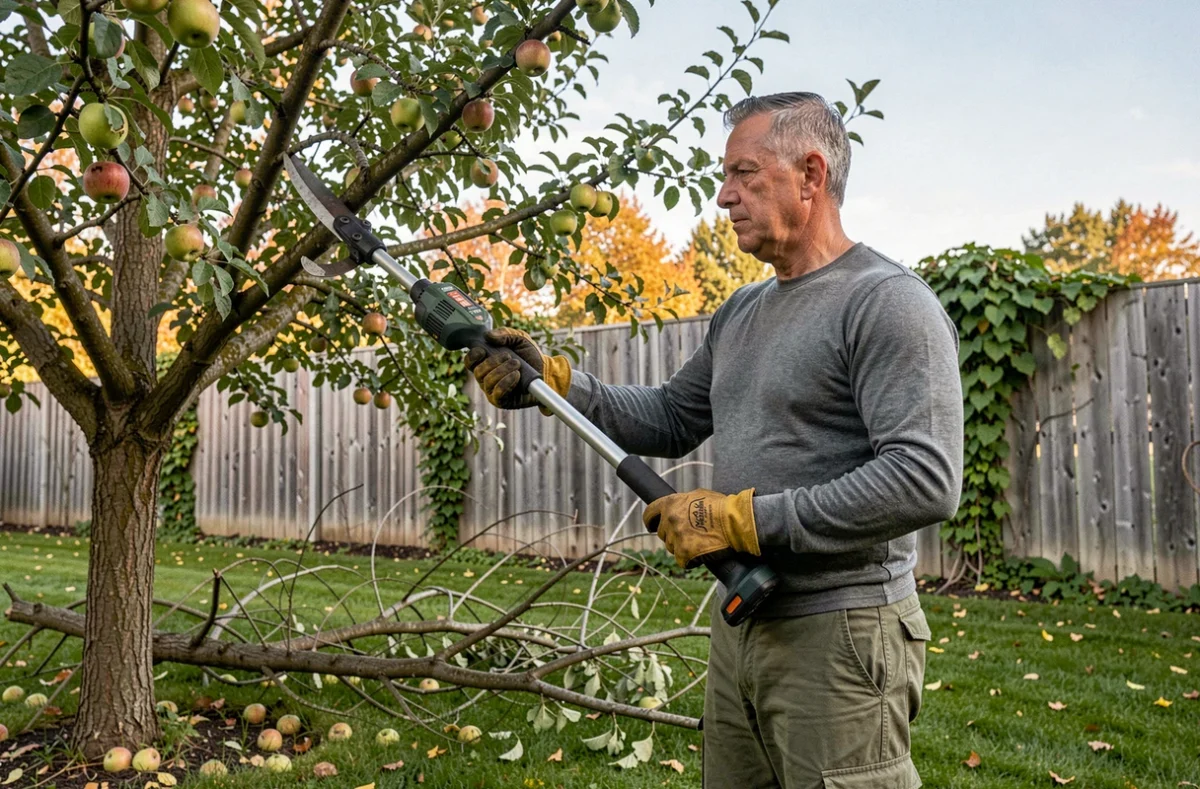 Homme utilisant un élagueur perche Black et Decker sans fil sur un pommier dans un jardin pavillonnaire en automne