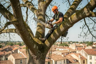 Élagueur professionnel en hauteur dans un arbre à Montélimar avec équipement de sécurité complet