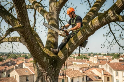 Élagueur professionnel en hauteur dans un arbre à Montélimar avec équipement de sécurité complet