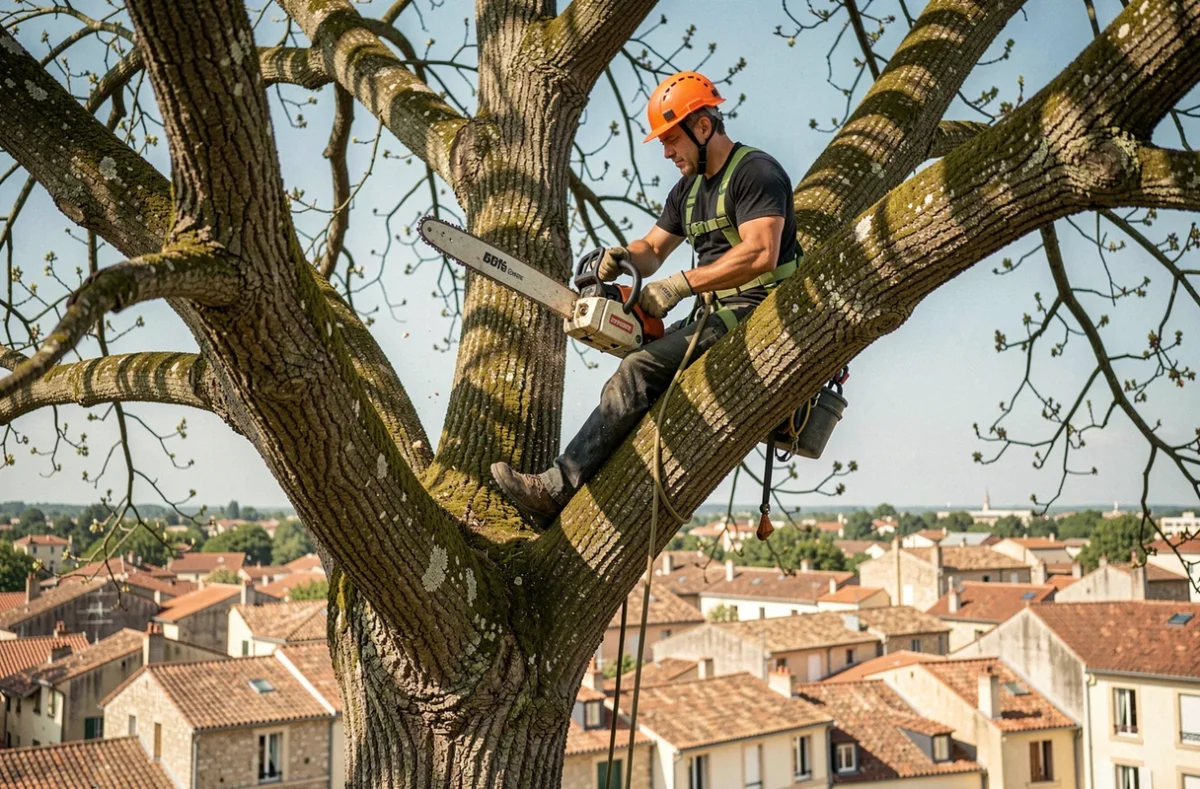 Élagueur professionnel en hauteur dans un arbre à Montélimar avec équipement de sécurité complet
