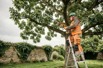 Élagueur professionnel en tenue de sécurité taillant un grand chêne dans un jardin de la Sarthe