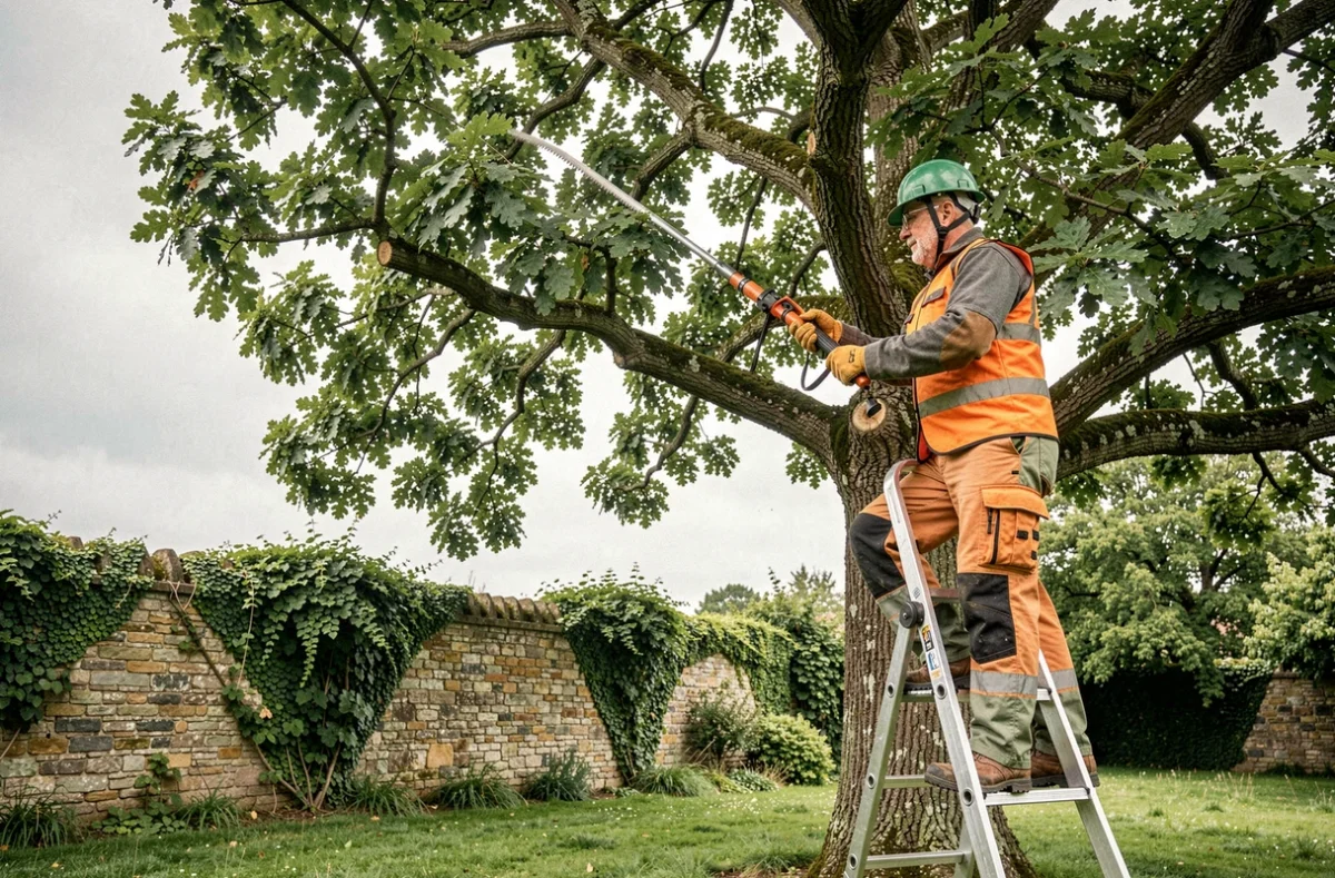 Élagueur professionnel en tenue de sécurité taillant un grand chêne dans un jardin de la Sarthe