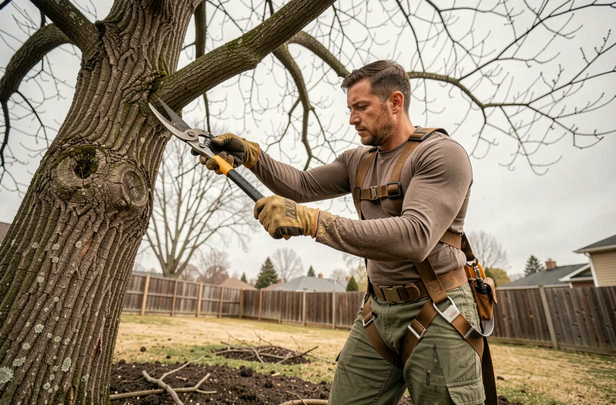 Élagueur professionnel en sécurité taillant un chêne dans un jardin au printemps