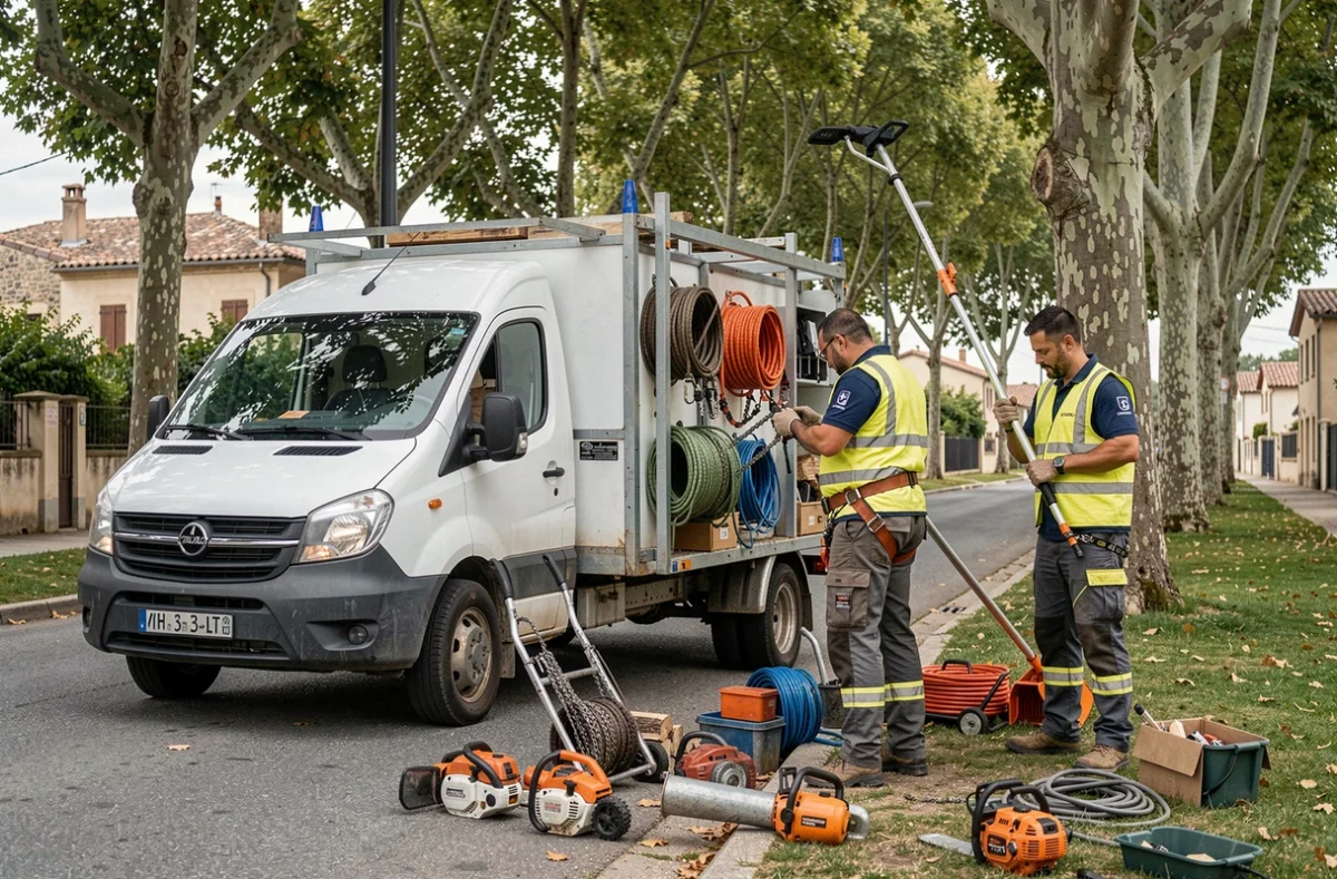 Deux élagueurs préparant leur matériel professionnel avant une intervention dans une rue de Montélimar