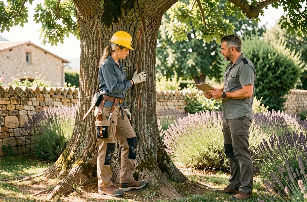 Élagueuse inspectant un chêne dans un jardin résidentiel du sud de la France avec son collègue