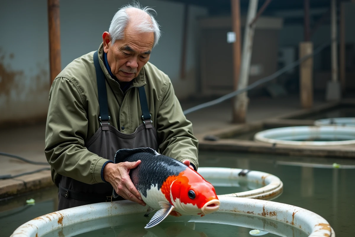 Éleveur professionnel japonais inspectant une carpe Koï Showa de haute valeur génétique sur un bassin d'évaluation dans une ferme piscicole spécialisée