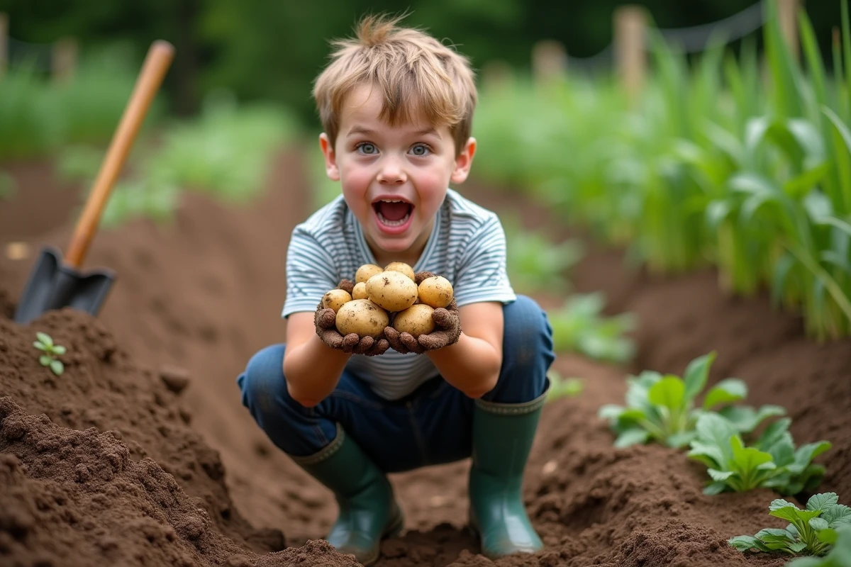 Enfant tenant des pommes de terre fraîchement récoltées dans un potager, expression de fierté