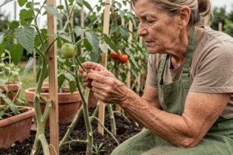 Jardinière qui enlève un gourmand de tomate à la main dans un potager traditionnel