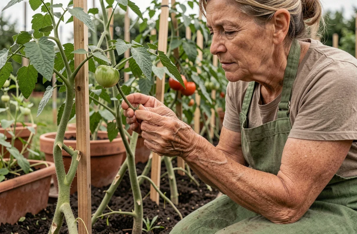 Jardinière qui enlève un gourmand de tomate à la main dans un potager traditionnel