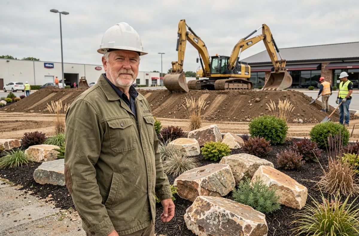 Chef de chantier de l'Entreprise Coquard supervisant un grand projet d'aménagement paysager commercial en Côte-d'Or