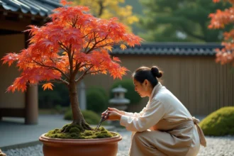 Érable japonais en pot en terre cuite sur terrasse en bois dans un jardin japonais, femme taillant les branches en automne