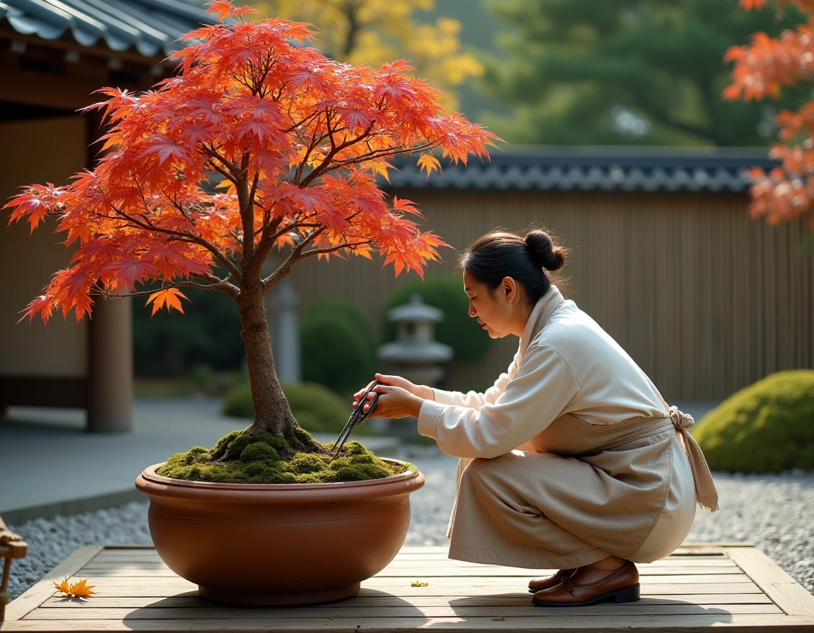 Érable japonais en pot en terre cuite sur terrasse en bois dans un jardin japonais, femme taillant les branches en automne